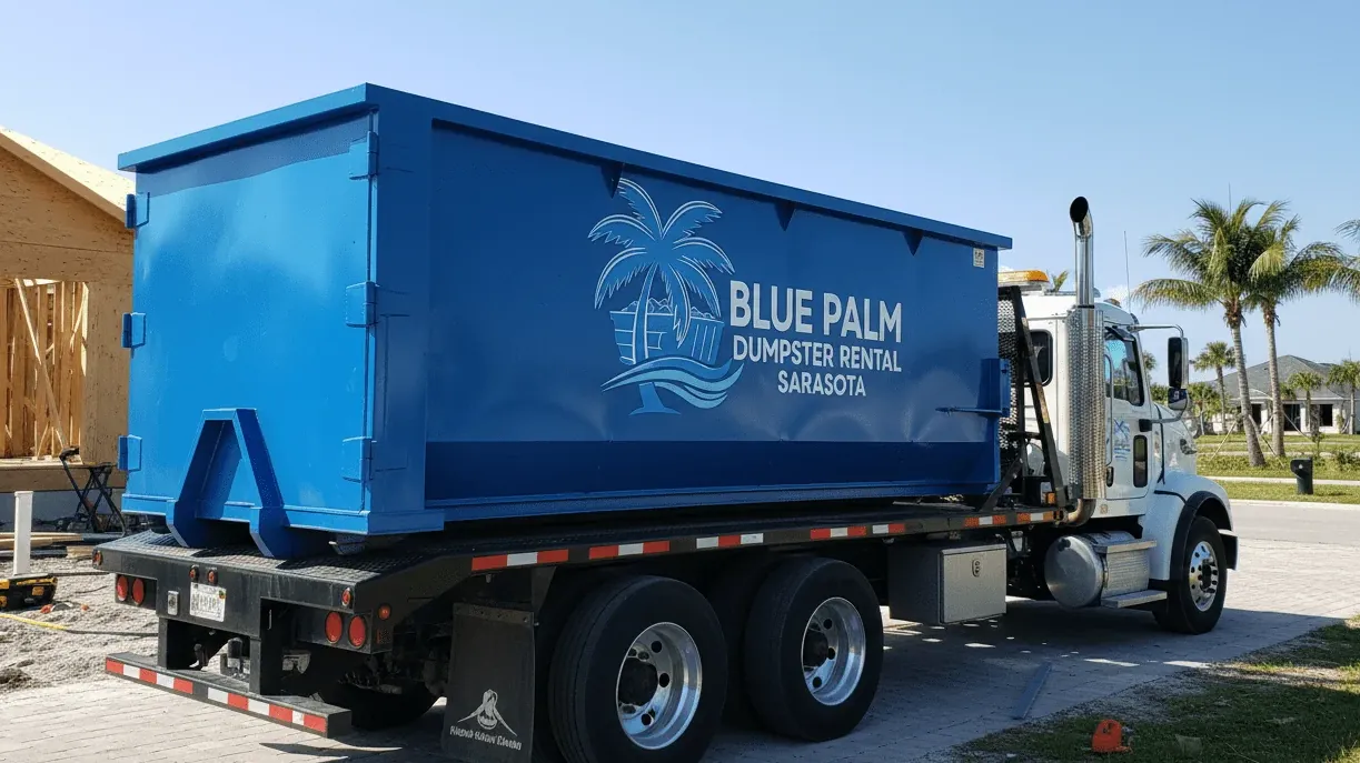 Driveway protection during dumpster delivery in Sarasota — protection boards under the container rails