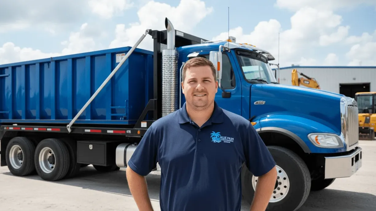 Blue Palm Dumpster Rental driver talking a customer through container placement in Sarasota, FL