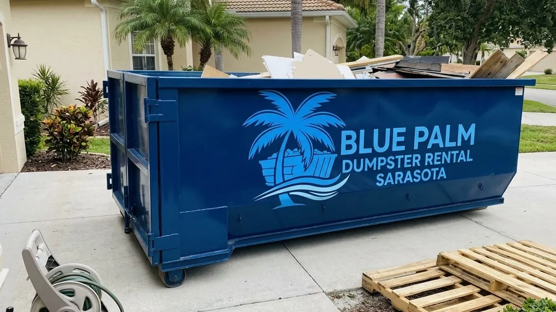 Dumpster permits in Sarasota, Florida — container placed on a private driveway rather than the right of way