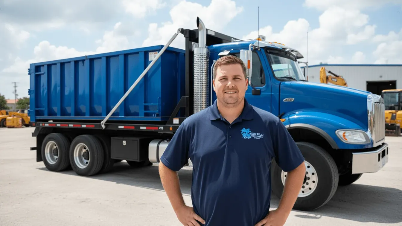 Dumpster rental cost in Sarasota, Florida — driver going over a flat-rate quote with a customer