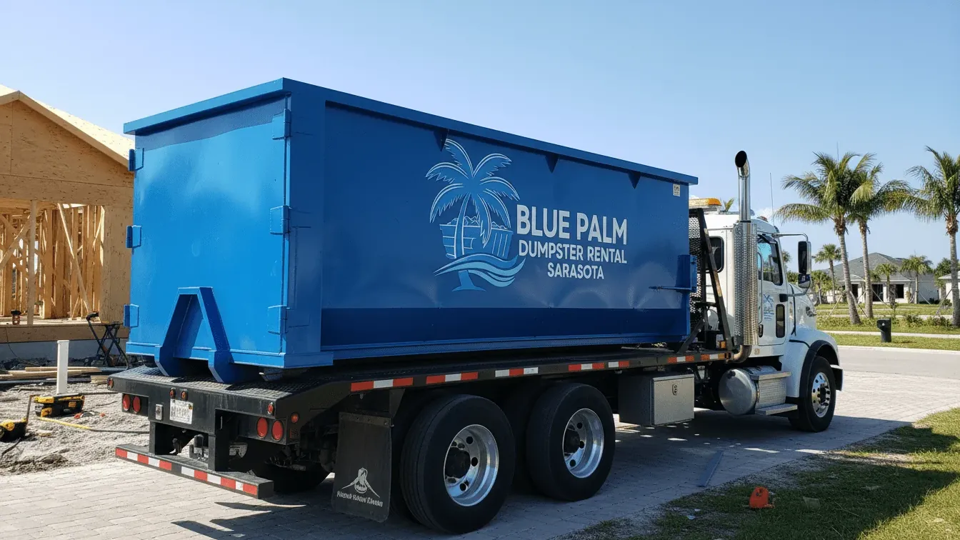 Roll-off truck delivering a 30 yard dumpster on a residential street in Sarasota, FL