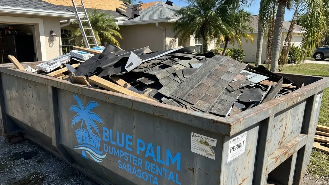 Roofing tear-off dumpster in Sarasota, Florida — container sized by squares, layers and tile weight