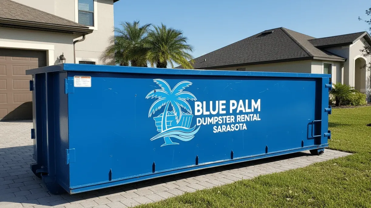 Snowbird season cleanouts in Sarasota — container on a villa driveway during the seasonal changeover