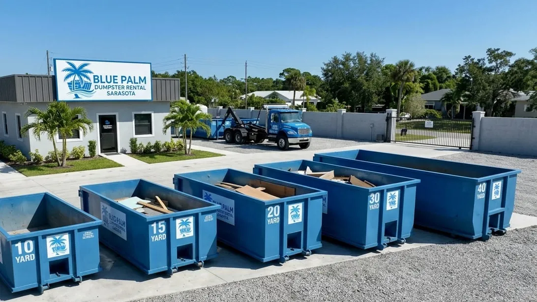 What size dumpster do I need in Sarasota — roll-off containers lined up by size at the yard